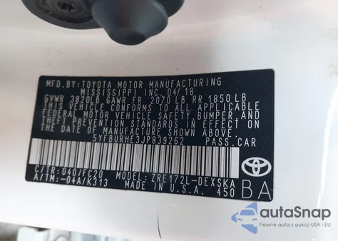 2018 Toyota Corolla Se z USA, uszkodzony, nr VIN 5YFBURHE3JP839262